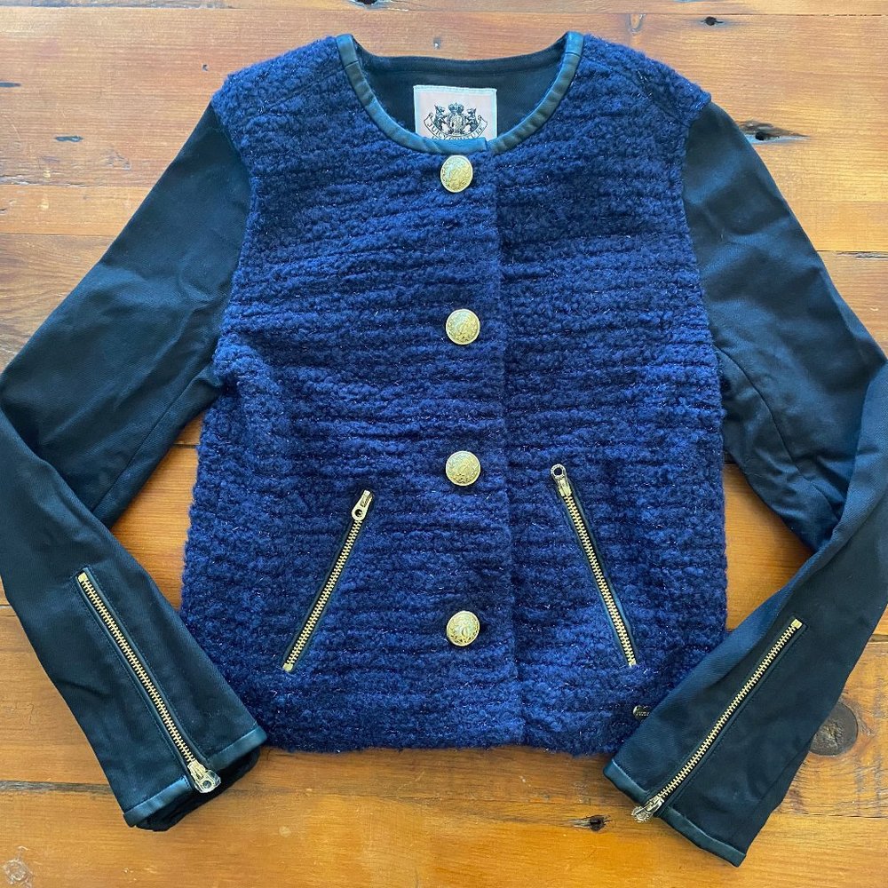 GIRLS JUICY COUTURE BOUCLE WOOL-BLEND JACKET SZ 10  NAVY/BLACK WITH GOLD DETAIL